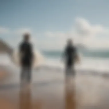 A group of surfers discussing techniques on the beach