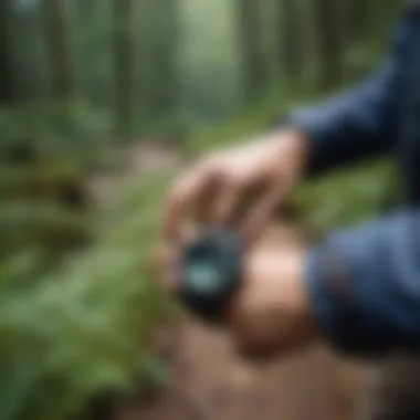 Hiker checking Casio watch while navigating a trail.