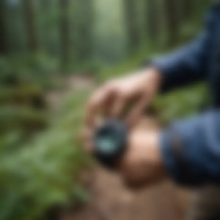 Hiker checking Casio watch while navigating a trail.