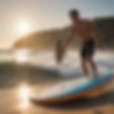 A scenic beach setting with surfers enjoying their boogie boards