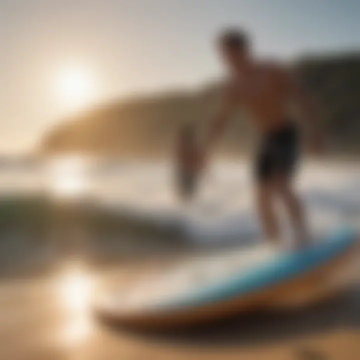 A scenic beach setting with surfers enjoying their boogie boards