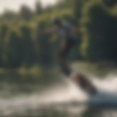 An aerial shot of a wakeboarder executing a trick on a lake, demonstrating skill and style.