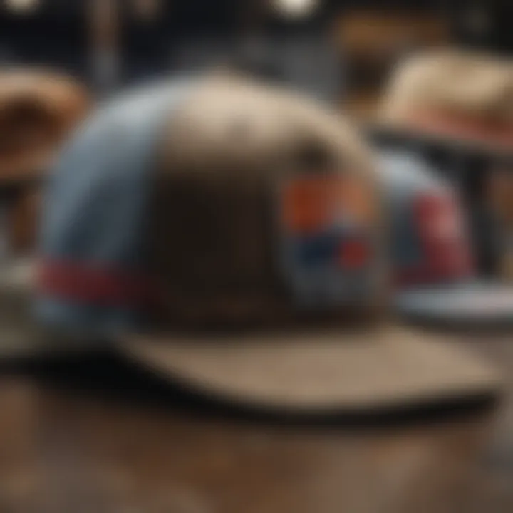 Close-up of various Billabong hat designs and materials