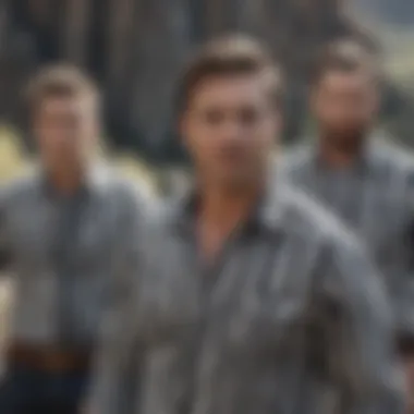 A group of adventure seekers sporting black and white striped shirts at a rugged outdoor location.