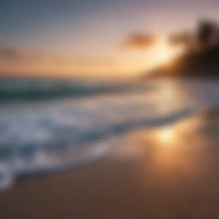 A serene beach at sunset showcasing vibrant colors reflecting on the water