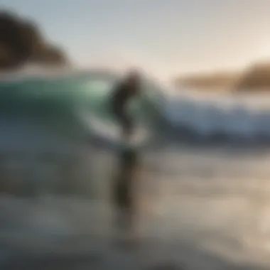 A group of surfers catching waves in a dynamic beach environment