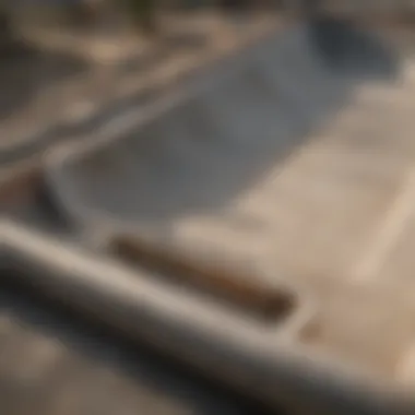 An aerial view of a skateboard park featuring multiple pipe designs.