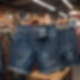 Variety of stylish jorts displayed on a vibrant market stall