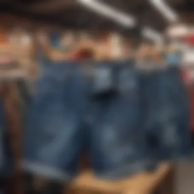 Variety of stylish jorts displayed on a vibrant market stall