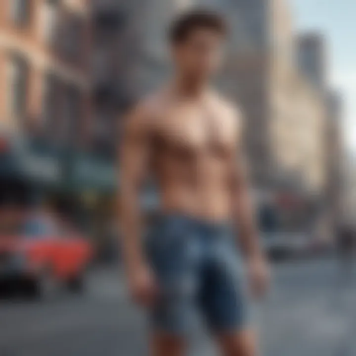 A fashion model showcasing jorts with a trendy top against a city backdrop