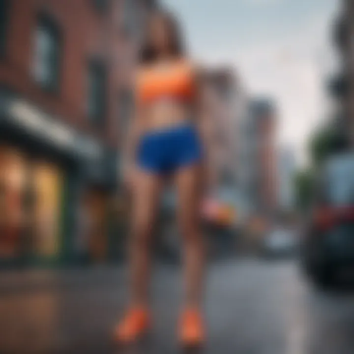 A stylish model wearing Nike Air shorts in a vibrant urban environment