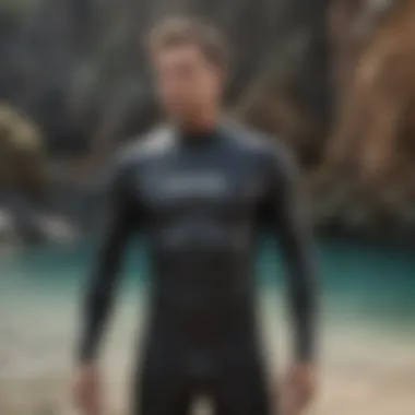 Illustration of proper wetsuit fit on a model in aquatic setting