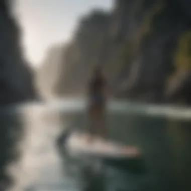 An adventurous paddleboarder exploring a picturesque coastal landscape