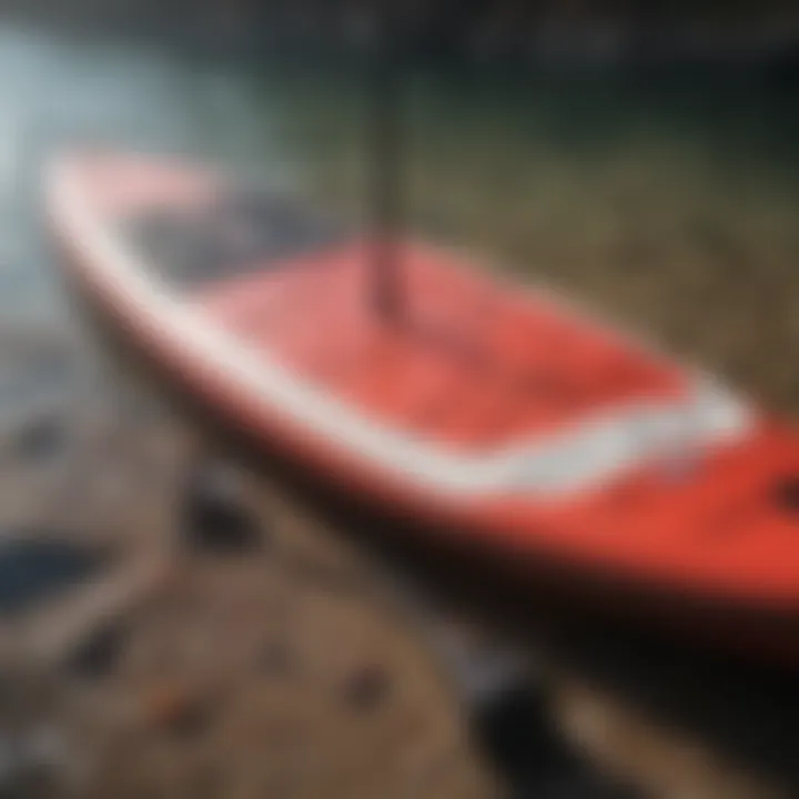 A close-up of specialized paddleboarding equipment laid out for adventure