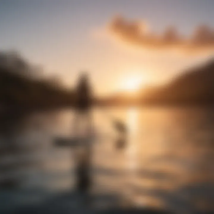 A serene sunset view of a paddleboarder gliding across calm waters