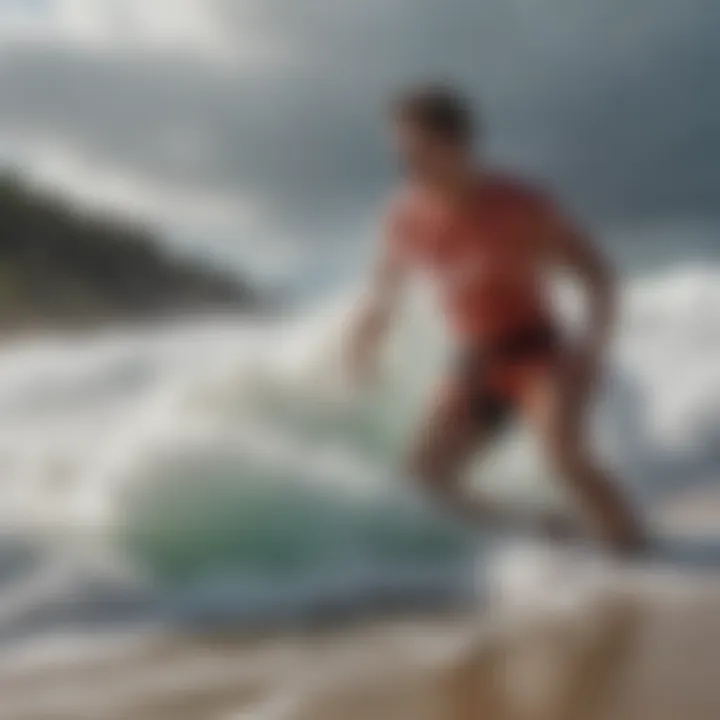 A beach scene showcasing sea foam and extreme sports enthusiasts