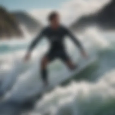 Surfer riding on waves covered with sea foam