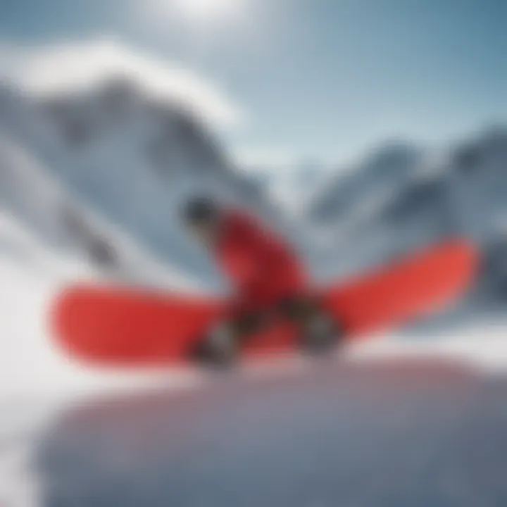 A vibrant red snowboard in action on a snow-covered slope.