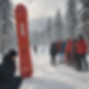 A community of snowboarders showcasing their red boards at a snow park.