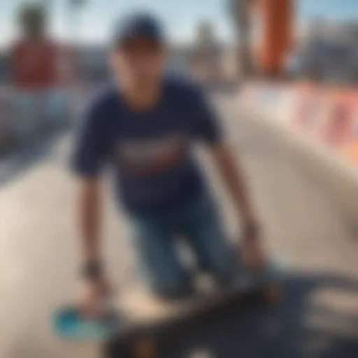 A striking edgy shirt featuring bold graphics and vibrant colors prominently displayed on a skateboard ramp.