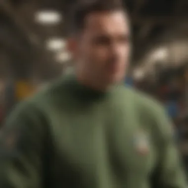 A collection of army green crew neck sweaters displayed in various styles and cuts.