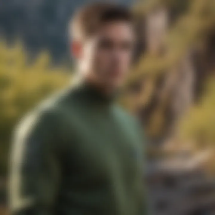 A model styled in an army green crew neck sweater in a dynamic outdoor setting.