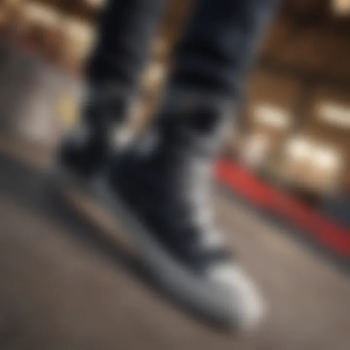 Close-up of black high top Chucks on a skateboarding ramp