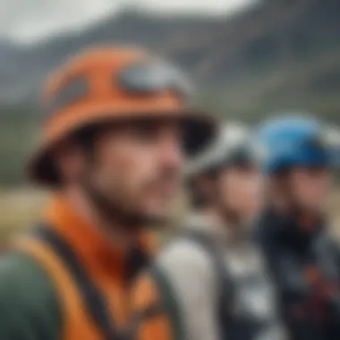 A group of extreme sports enthusiasts wearing bucket hats while engaging in adventure sports, highlighting community and camaraderie.