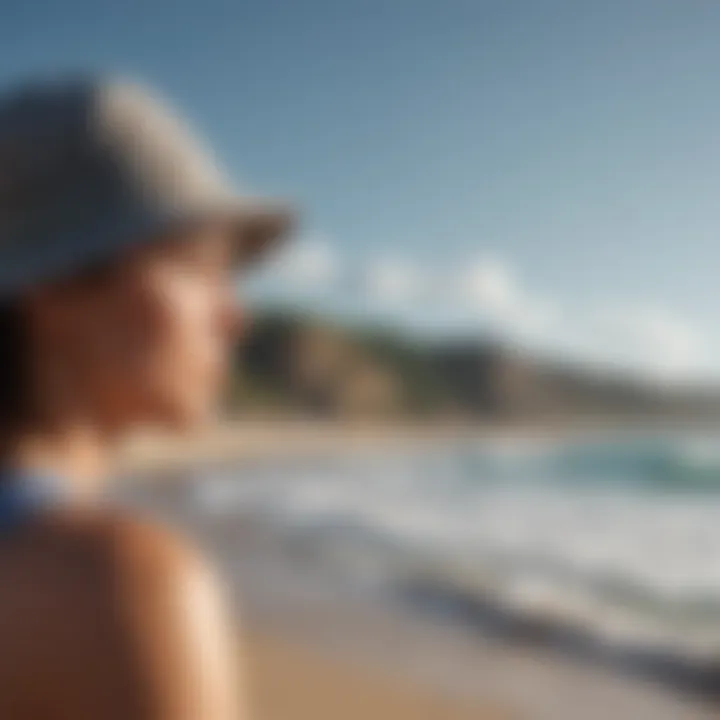 A scenic beach view with an athlete wearing a bucket hat, demonstrating its practicality in extreme weather conditions.