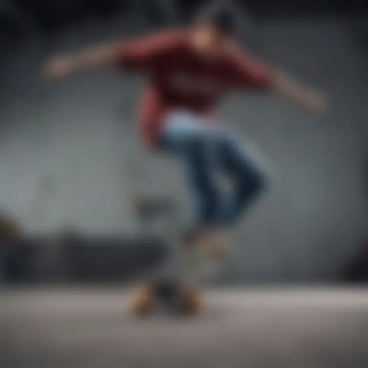 Close-up of a skateboarder's plain apparel during a trick