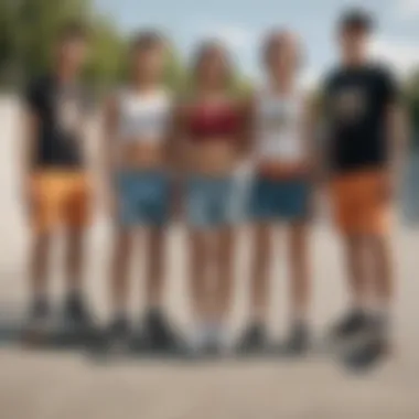 A group of skaters at a local skate park, each wearing unique skater shorts, symbolizing identity and community.