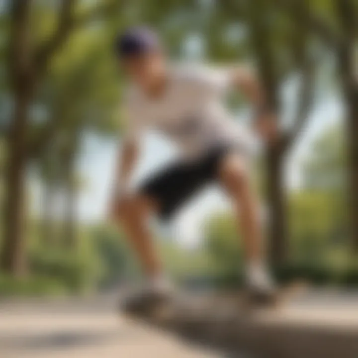 A skater performing tricks in a park while wearing stylish skater shorts, illustrating the blend of fashion and functionality.