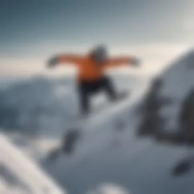 A snowboarder performing a trick mid-air against a backdrop of snow-covered mountains.