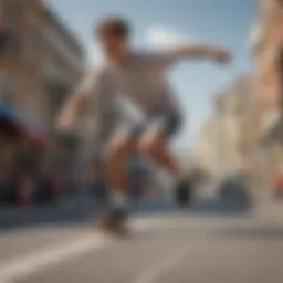 Dynamic athlete showcasing super short shorts during a skateboarding trick
