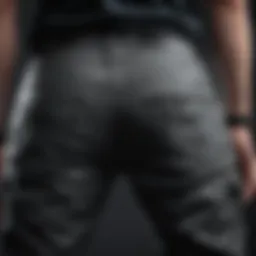 A close-up of thrasher pants highlighting their unique design features.