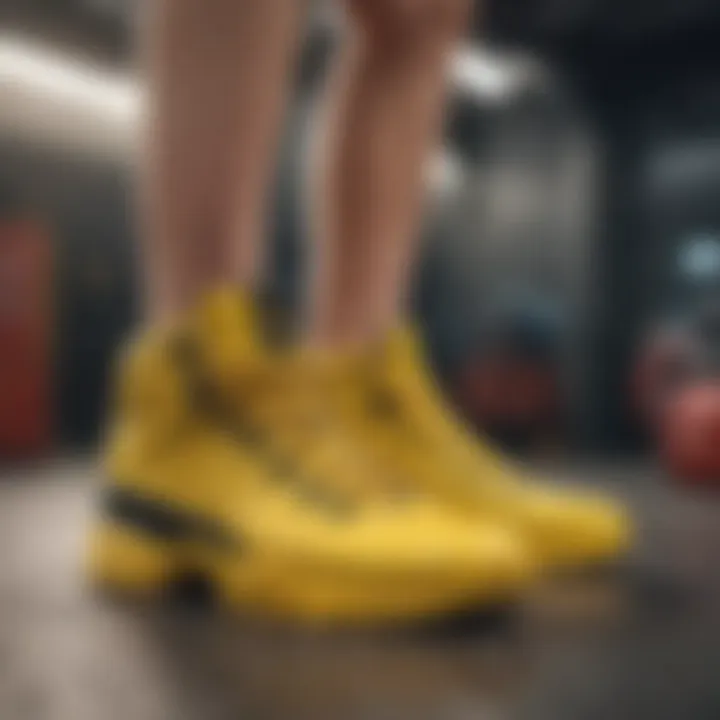 Stylish display of yellow slide shoes amidst extreme sports gear and accessories