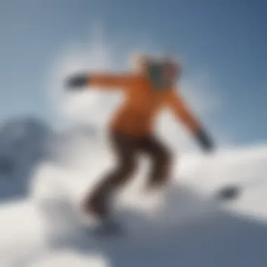 A female snowboarder gracefully carving through fresh powder on a mountain slope.