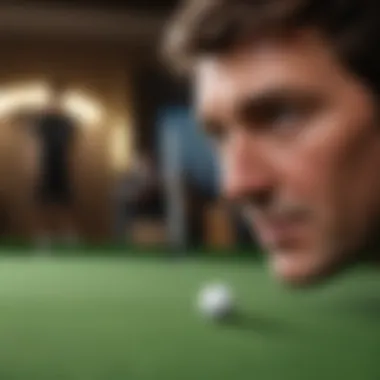 A close-up of James Stewart practicing his putting skills