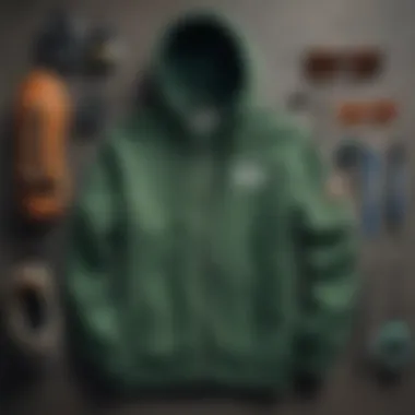 Flat lay of green Billabong hoodie with accessories for extreme sports