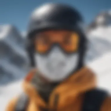 A snowboarder wearing a snow face covering while navigating a snowy slope.