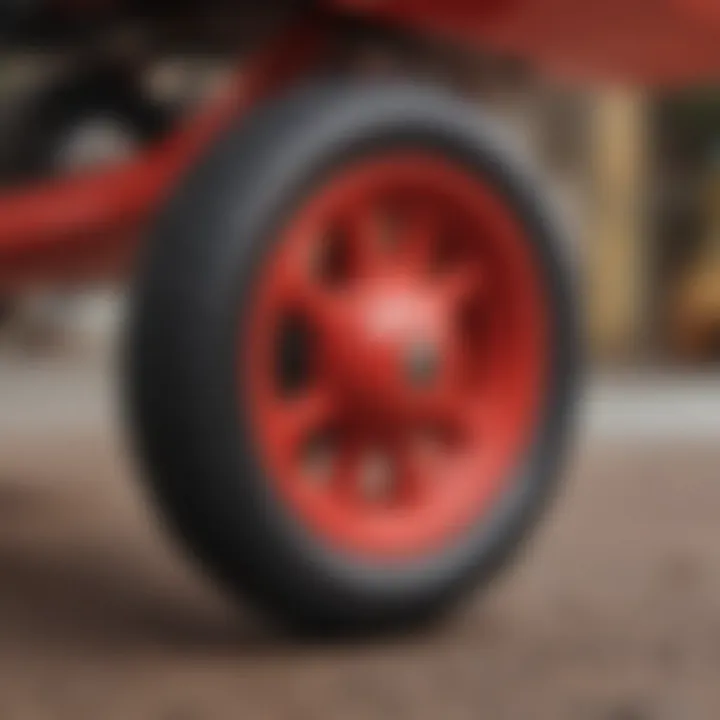 Close-up of the red penny board wheels and deck