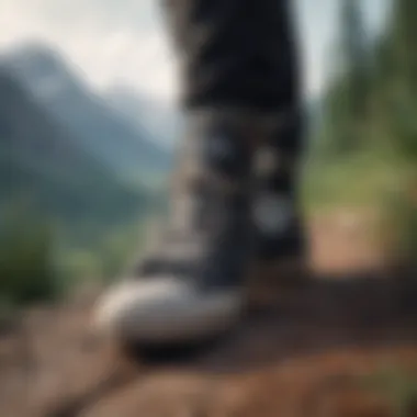 A close-up of Converse shoes on a rugged trail