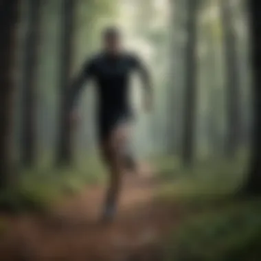 A runner in black attire sprinting through a forest