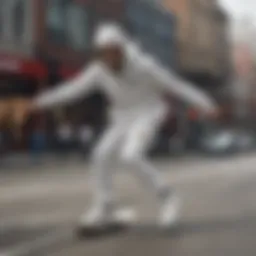 Dynamic action shot of a skateboarder wearing a white Vans windbreaker