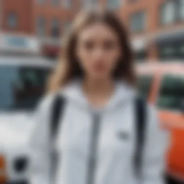 Urban Aesthetic: The Fashion Statement of White Vans Windbreakers Stylish urban setting showcasing a model in a white Vans windbreaker