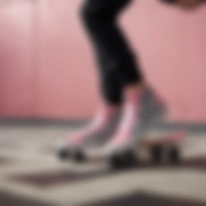 Skateboarder performing tricks while wearing pink and black checkerboard Vans