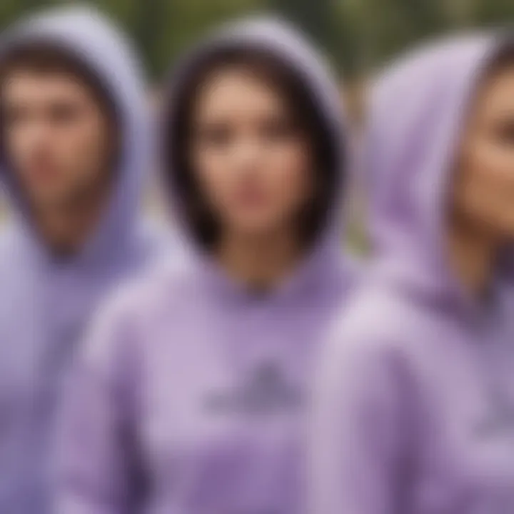 A group of friends enjoying a casual day out, all wearing lavender hoodies.