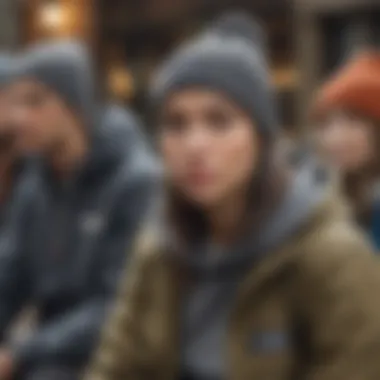 A group of extreme sports enthusiasts wearing grey Vans beanies in a vibrant social setting, showcasing community engagement.