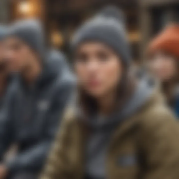 A group of extreme sports enthusiasts wearing grey Vans beanies in a vibrant social setting, showcasing community engagement.