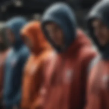 Group of extreme sports enthusiasts discussing gear with multi pocket hoodies in the foreground